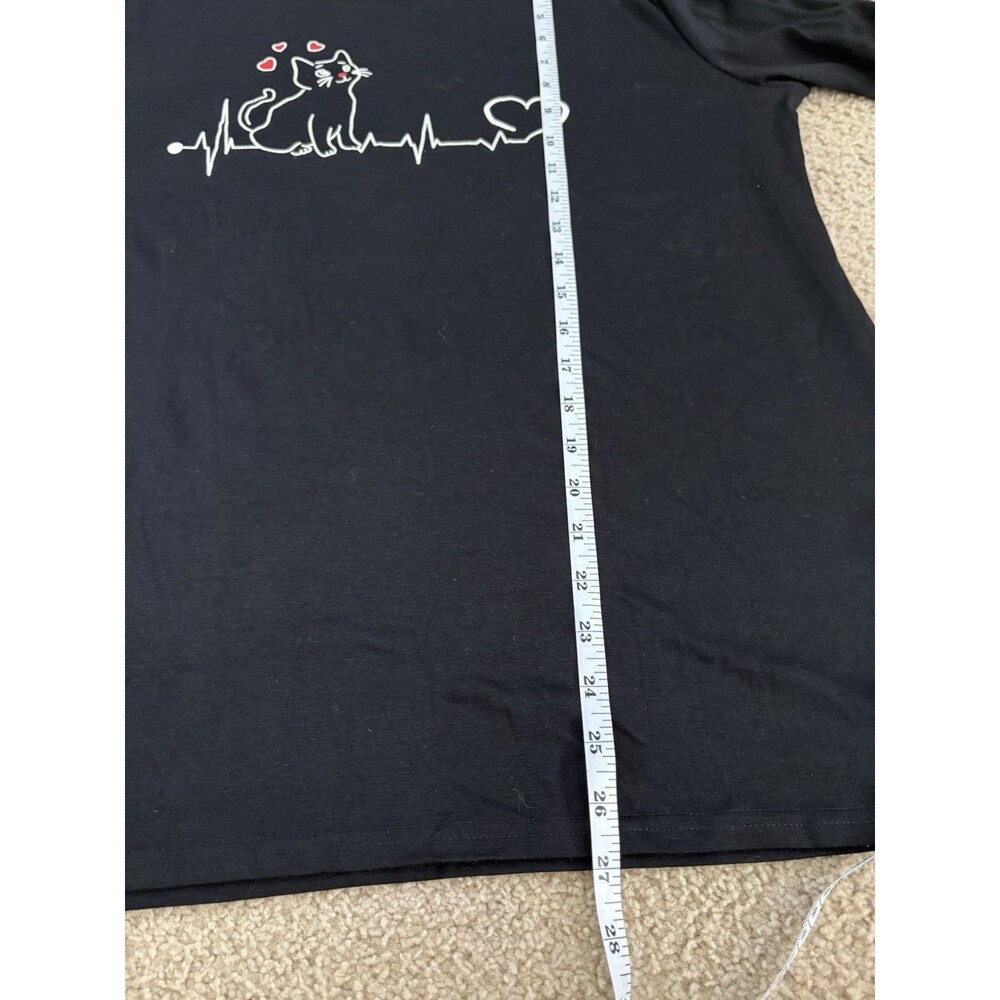 Black Cat Heartbeat Graphic T-Shirt Women’s Plus Size 2XL Cat Lover Short Sleeve - Picture 4 of 4